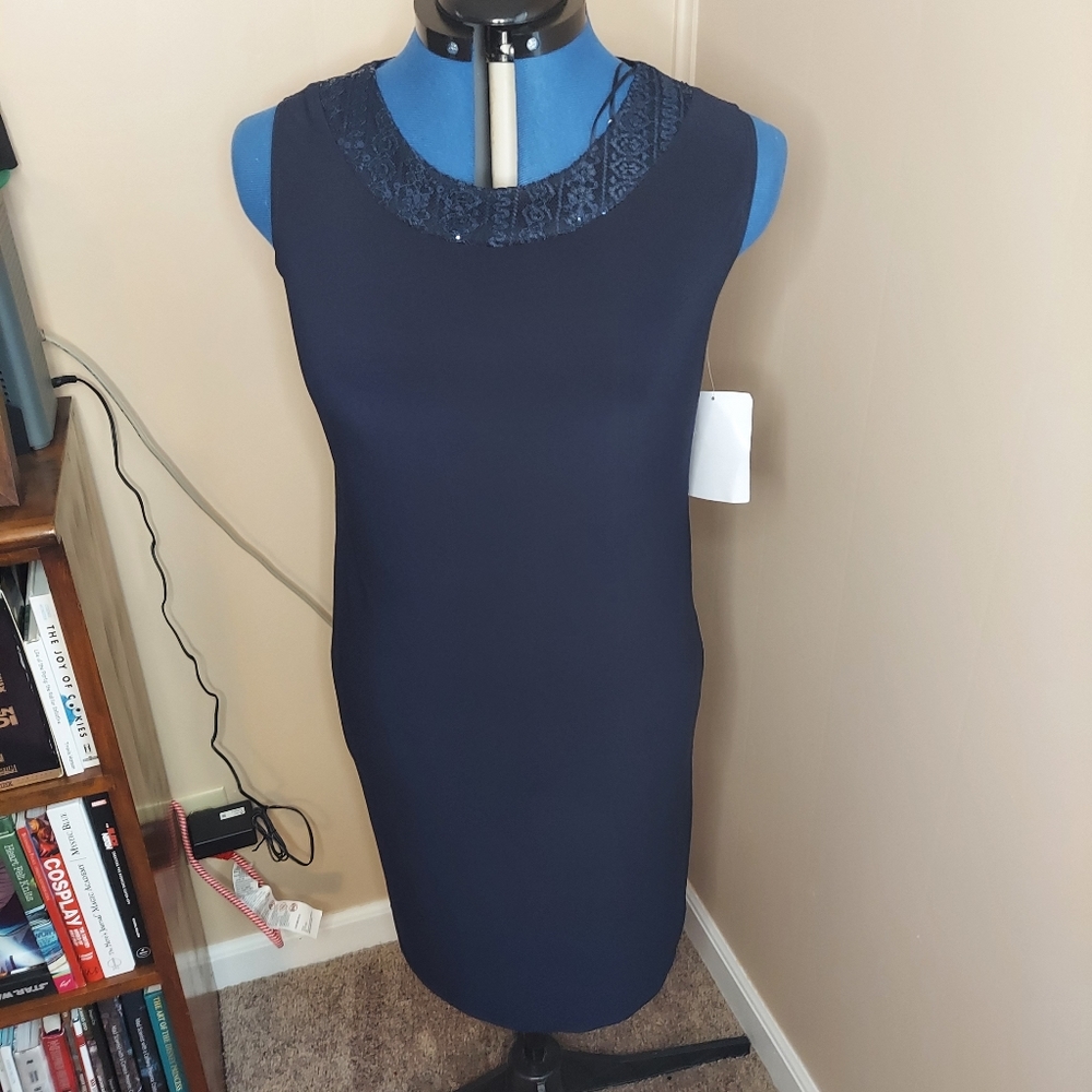 R & M Richards 10P Navy Blue Sheath Dress With Bejeweled Collar